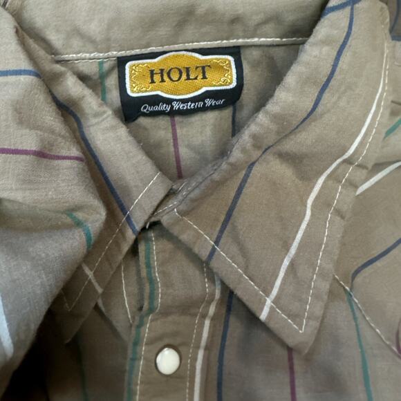 Vtg Holt Western Pearl Snap Mens Medium Brown Striped Button Down Shirt USA Made - Picture 4 of 6